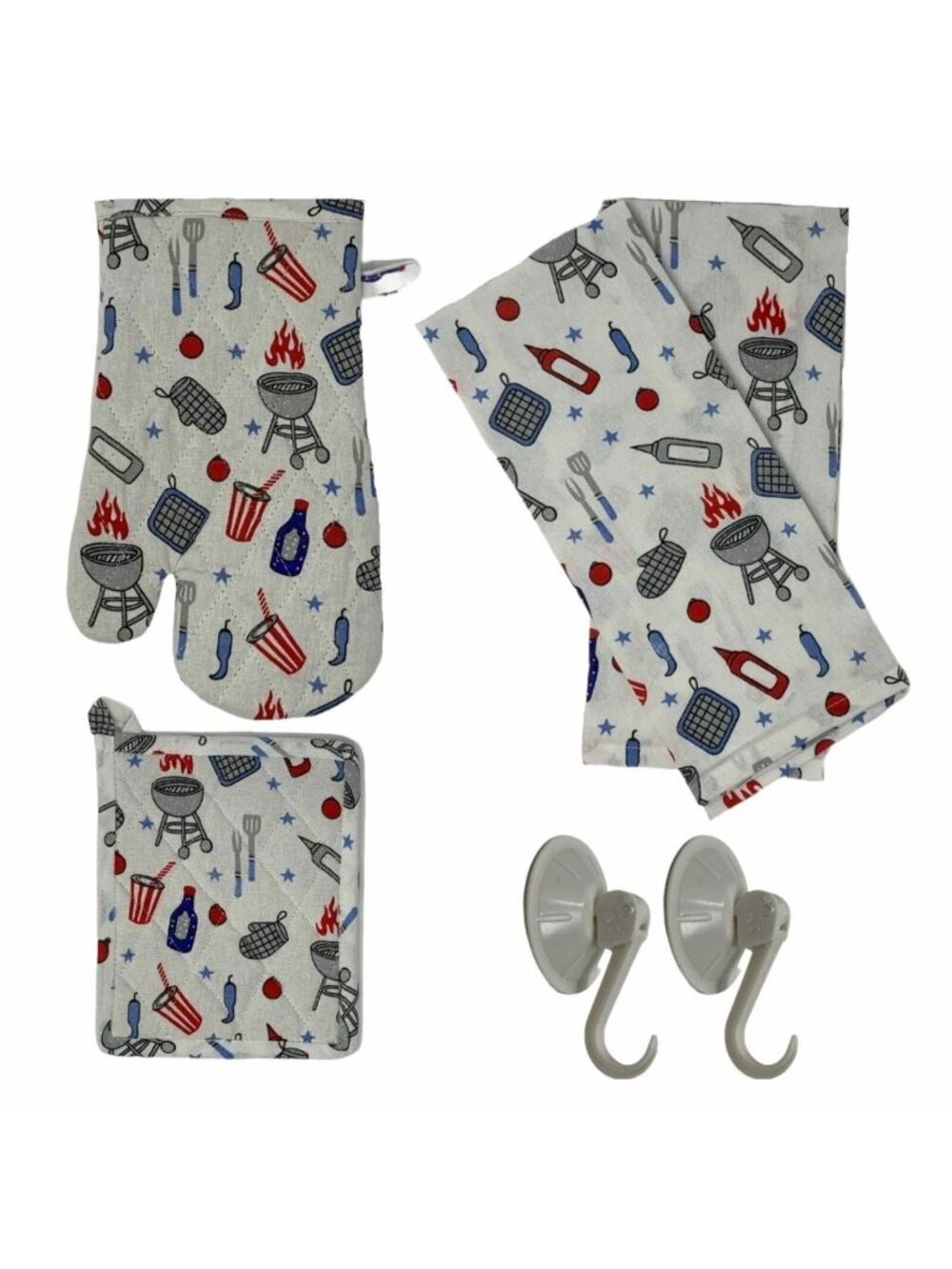 BBQ Grilling Theme Oven Mitt Pot Holder Tea Towel 4 Pc Kitchen Set